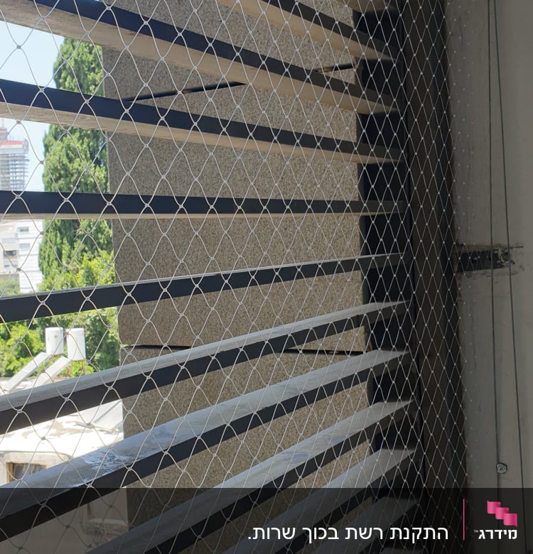 רשת מתכת מותקנת על חלון למניעת כניסת יונים